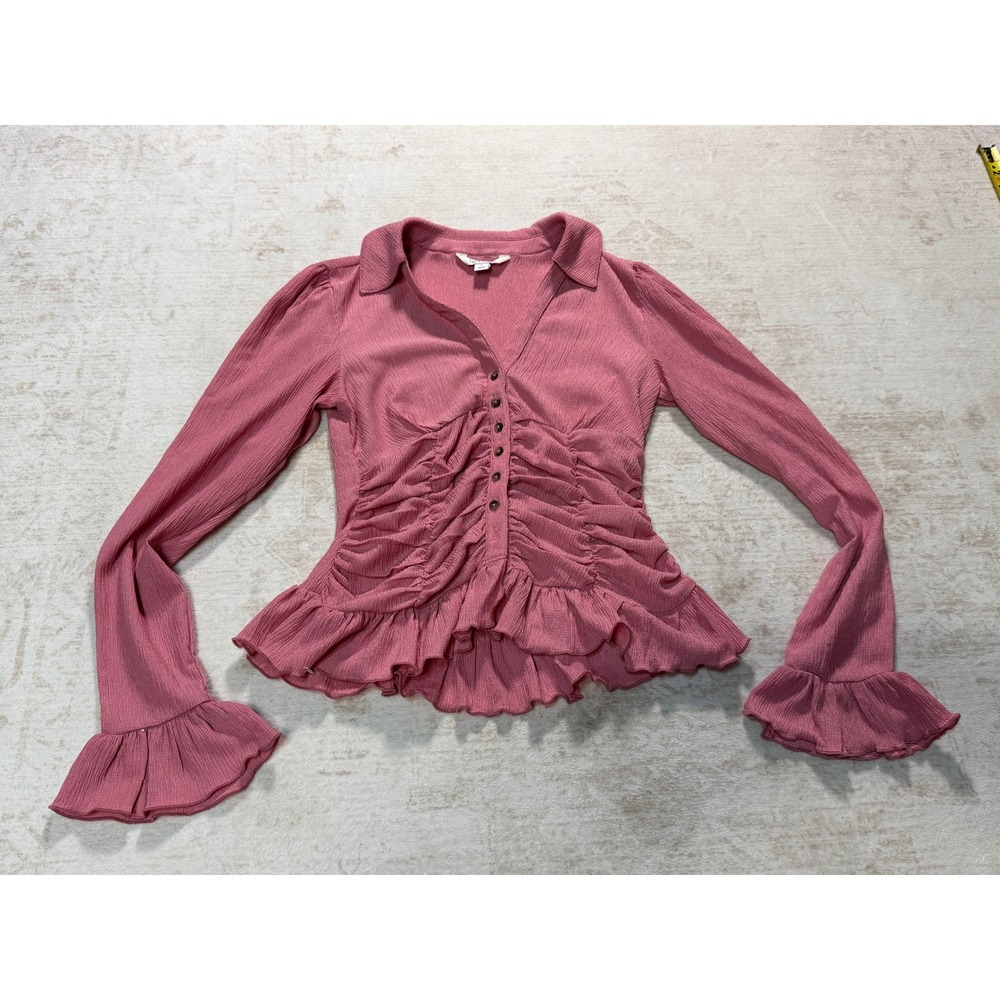 Maeve Anthropologie Rose Pink Ruched Peplum Ruffle Cuff Top OB2397559 Small